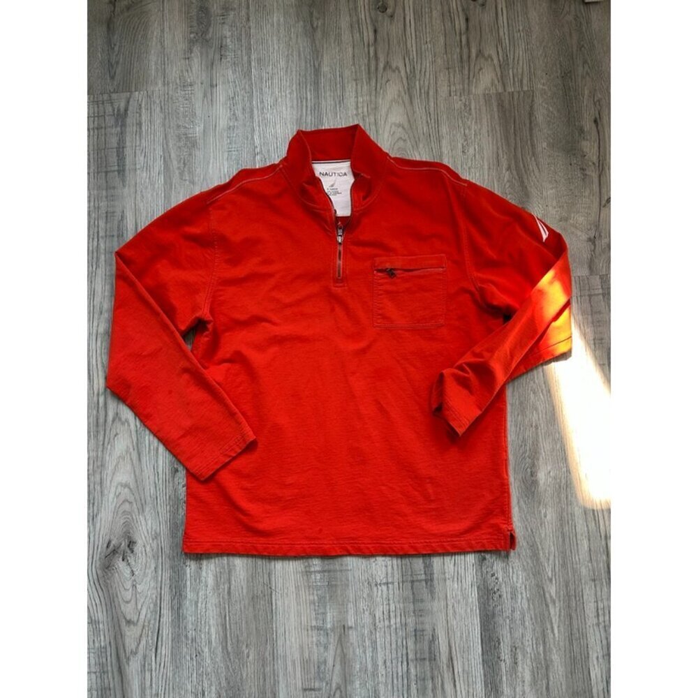 Nautica Mens Orange Logo Half Zipper Pocket Mock Neck Classic Sweatshirt Size XL